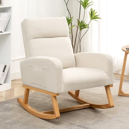 HCHAIRH Rocking Chair Nursery, Upholstered Nursing Rocker Chairs with High Backrest, Modern Glider Rocking Chair for Nursery Living Room, Bedroom, White