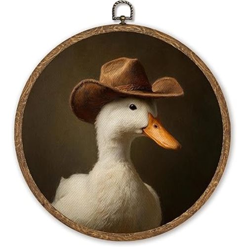 WMSYUO Vintage Cowboy Duck Wall Art Decor, Rustic Country Floral Ducks Portrait Canvas Prints,Retro Cottagecore Circular Wall Hanging Decor for Kitchen Bedroom Farmhouse, 10x10 Inch (Brown-Duck)