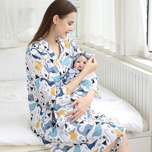 Mommy and Me Robe and Swaddle Set Floral Maternity and Baby Matching Delivery Blanket Headband for Mom Girl Boy 4pcs
