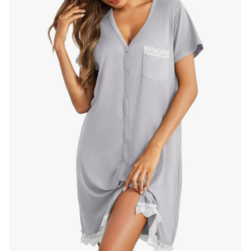 Ekouaer Women Striped Nightgowns Button Down Sleepshirts Short Sleeves Nightshirts