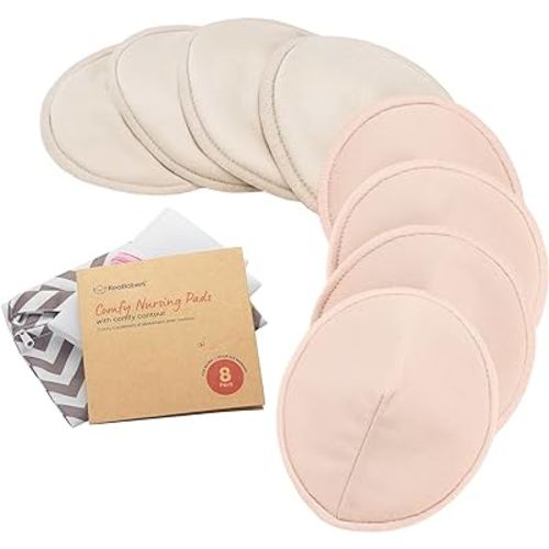 Organic Nursing Pads - 8 Washable Viscose Derived from Bamboo Breastfeeding Pads, Wash Bag, Reusable Breast Pads for Breastfeeding, Nipple Pads for Breastfeeding Essentials(Neutrals, M 3.9")