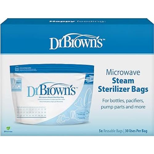Dr. Brown's Microwave Steam Sterilizer Bags for Baby Bottles, Pacifiers, Pump Parts and Accessories, Travel Baby Bottle Sterilizer, 30 Uses per Bag, 5-Pack
