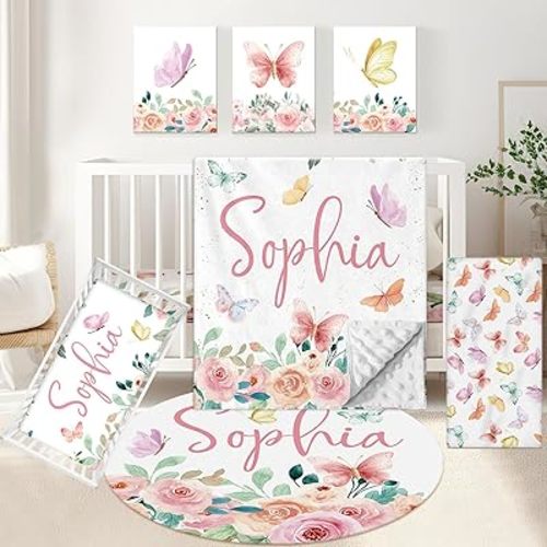 Personalized Baby Crib Set, 5 Pcs Custom Baby Crib Bedding Set with Name, Double Layer Nursery Bedding Set for Girls, Purple Butterfly Baby Bedding Set, Gifts for Infants Toddlers New Parents