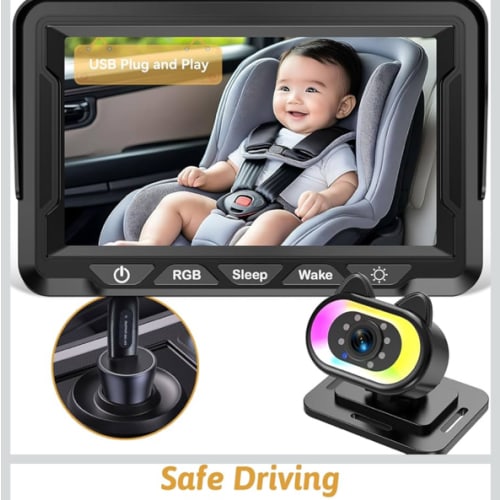 Baby Car Camera HD 1080P - 150° Wide Angle, Night Vision, Adjustable View, LED Lights, Easy Installation, Infant Safety, Rear Seat Monitoring for Car Travel