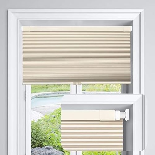 LazBlinds Cordless Cellular Shades, No Tools No Drill Blackout Honeycomb Shades Pleated Blinds for Windows, 25" W x 64" H, Soft Cream