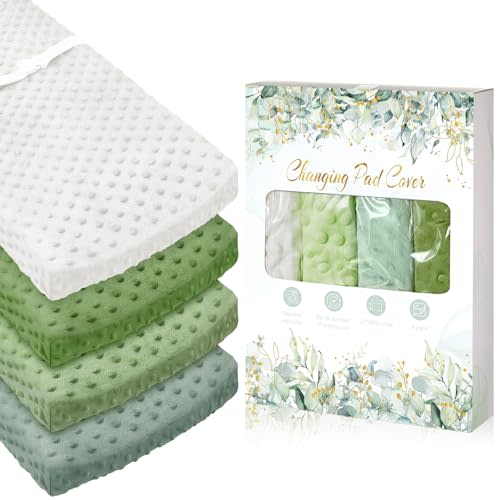 Peryiter 4 Pcs Changing Pad Cover 16 x 32 Inch Ultra Soft Dots Plush Changing Table Covers for Baby Girls and Boys Changing Pad Liners (Green Series Colors,Leaf)