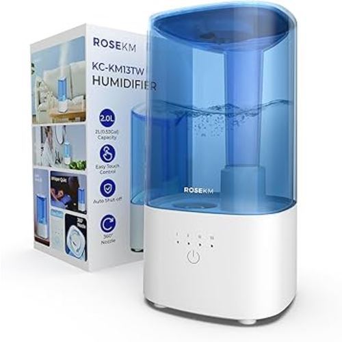 Cool Mist Humidifiers for Bedroom, 2.0L Small Humidifier for Baby and Plant, Last Up to 10H on Max Mist Setting, Auto Shut-Off, Auto-Off Indicator, 360° Nozzle (White)
