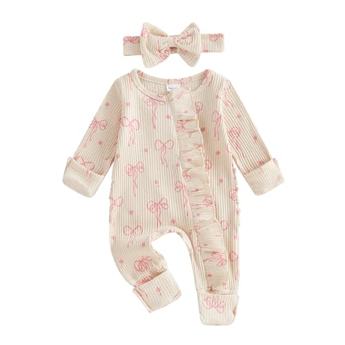Newborn Baby Girl Clothes Preemie Coming Home Outfit Ruffle Romper Cute Ribbed Jumpsuit Headband
