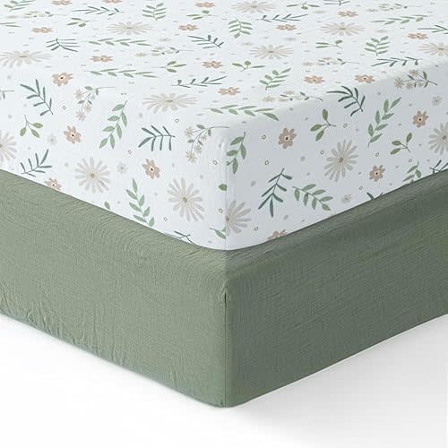 Muslin Crib Sheets Girl,Boy,Soft,Breathable Crib Sheet,2 Pack,Crib Sheet,100% Cotton Crib Sheets for Standard Cribs and Toddler Beds,52x28 Crib Mattress Sheets Fitted | Green and Flowers