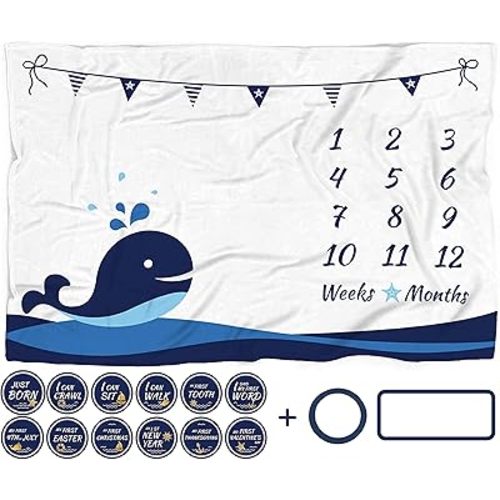 Milestone Blanket Boy, Whale Month Tracker, First Year Calendar Monthly Growth Chart, Photo Prop Mat, Baby Boy Shower Gifts, Nautical Nursery, (Minky 60"x40")