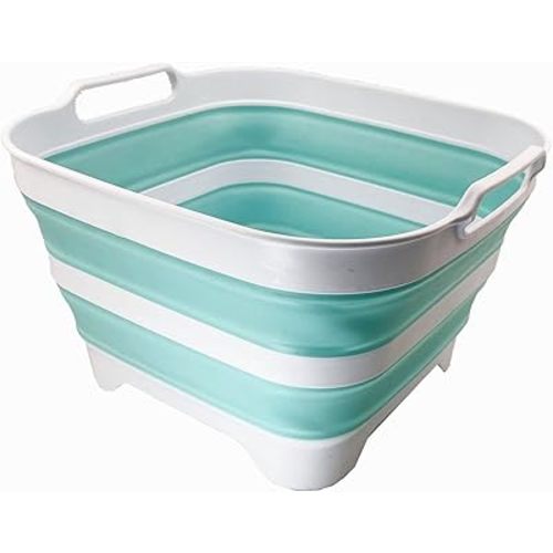SAMMART 10L (2.6 gallons) Collapsible Plastic Dishpan with Draining Plug - Portable Washing Tub/Basin - Foldable Tub - Space Saving Kitchen Storage (White/Lake Green/White)