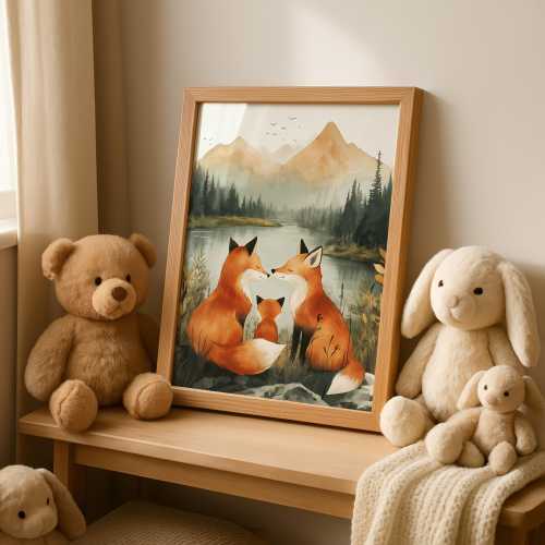 Fox Family Wall Art, Woodland Nursery Printable, The Wild Embrace, Cozy Animal Artwork for Kids Room