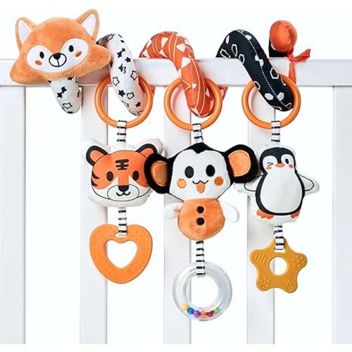 TUMAMA Baby Car Seat Toys, Black and White High Contrast Newborn Infant Hanging Toys, Crib Stroller Spiral Wrap Toys with 3 PCS Animal Rattles, Sensory Toys for 0-12 Months