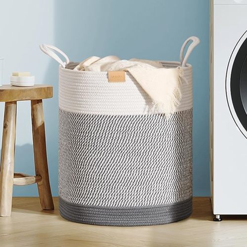 80L Laundry Hamper Basket,Baby Nursery Woven Storage Basket for Toys Bin,Pillows,Blankets,Clothes,Grey&White