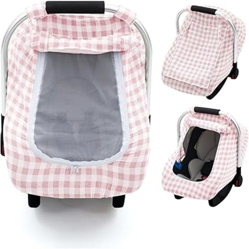 Muslin Car Seat Cover Baby, Summer Infant Carseat Covers with Breathable Window, Lightweight Car Seat Sun Shade Cover for Girls Boys, Fit Spring Summer (Pink)