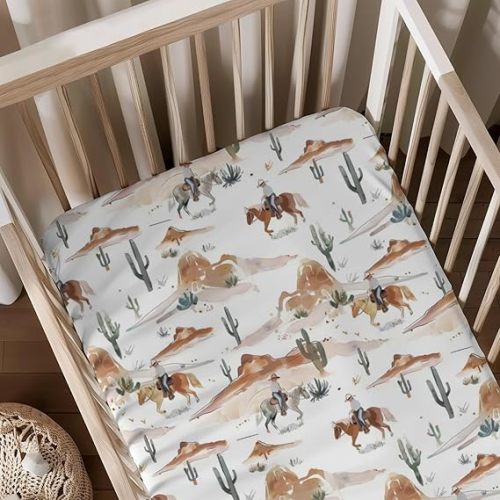 Western Watercolor Cactus Mountain Horses Pattern Baby Sheets for Crib, Unisex Native American Nursery Fitted Bed Sheet for Boys Girls Standard Crib and Toddler Mattress-28x52