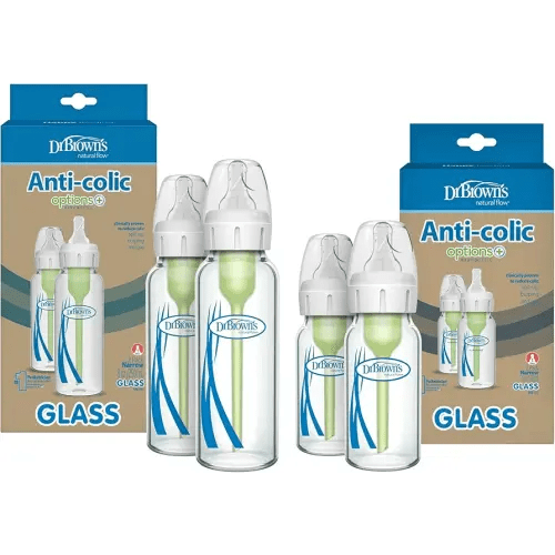 Dr. Brown's Natural Flow Anti-Colic Options+ Narrow Glass Baby Bottles, Made in The USA, BPA Free, 8oz and 4oz, 0m+, 4-Pack