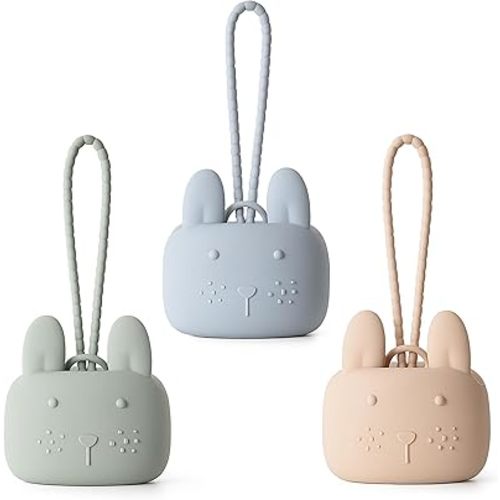 ROCCED Pacifier Holder Case Silicone Bunny Design Pacifiers Pouch with Soft Silicone Strap, Travel Storage for Stroller & Diaper Bag, Pacifier Holder Pouch for Baby, Set of 3 Beige Dusty Green Blue