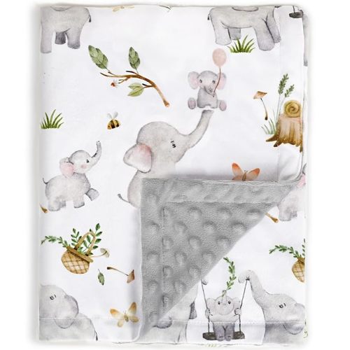 Baby Blankets for Unisex Boys Girls, Super Soft Nursery Minky Blankets with Baby Elephant Design and Dotted Fleece Backing, Printed Bed Throws Newborn - Grey