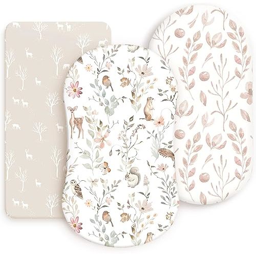 GRSSDER Stretchy Ultra Soft Fitted Bassinet Sheets 3 Pack, Universal Fit for Baby Cradle Moses Basket Oval Rectangle Mattress Safe and Snug, Beautiful Blush Pink Floral Bassinet Sheet for Girls