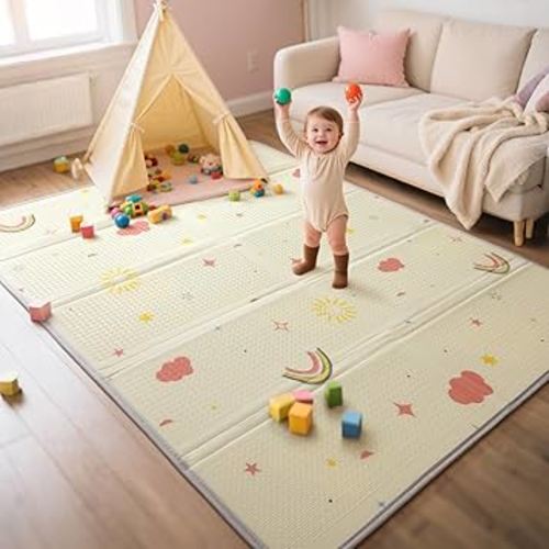 Mallify Extra Large Foldable Play Mat, Reversible Baby Play Mat with Edge Reinforcement, Non-Toxic & Waterproof Baby for Floor, Foam Playmat with Travel Bag, Rainbow, Cloud & Moon, 71"x59"