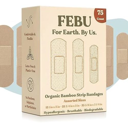 FEBU Eco-Friendly Organic Bamboo Fabric Bandages | PFAS Free Flexible Fabric Bandages | Latex Free Bandages | Natural Hypoallergenic Bandages for Scrapes, Cuts & First Aid | 75 Count Pack