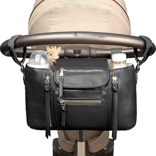 Miss Fong Stroller Organizer with Insulated Cup Holder - Stroller Accessory Bag, Diaper Bag, Storage with Adjustable Strap (Black)