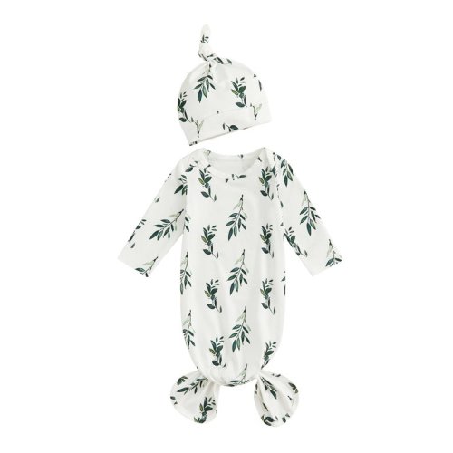 Canrulo Newborn Baby Girls Boys Sleeping Bag Swaddling Blanket Leaf / Floral Print Homewear Infant Sleepwear + Hat Set Green 0-6 Months