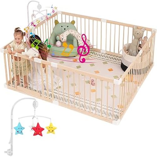 Baby Wooden Playpen, Wood Playpen for Babies and Toddlers, Wooden Play Pen for Kids, Changeable & Expandable Wood Play Pen, Play Fence Safety gate & Toy (71"x59")