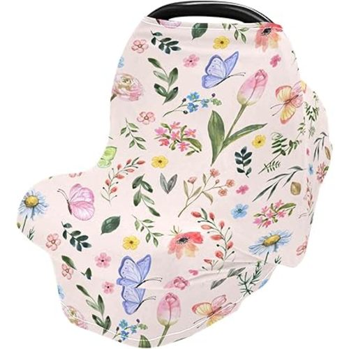 Watercolor Butterfly Spring Flowers Baby Car Seat Covers Cute Wildflowers Carseat Canopy Soft Infant Stroller Cover Nursing Breastfeeding Covers for Girls Boys Newborn Fit Summer Spring Autumn