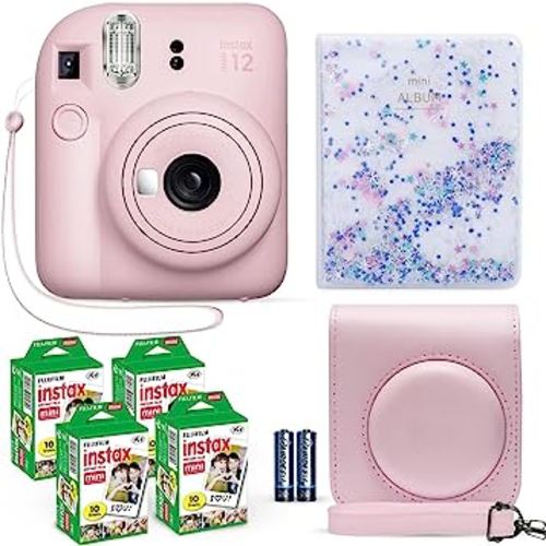 Fujifilm Instax Mini 12 Instant Camera Blossom Pink + Fuji Film Value Pack (40 Sheets) + Shutter Accessories Bundle, Incl. Compatible Carrying Case, Quicksand Beads Photo Album 64 Pockets