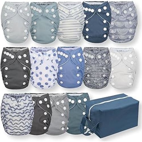Nora's Nursery Newborn All in One Cloth Diaper 14 Pack with 1 Diaper Pod to Hold Clean Diapers - Waterproof Cover, Washable, Reusable & 1 Size Adjustable Cloth Diaper for Under 12lbs - Making Waves