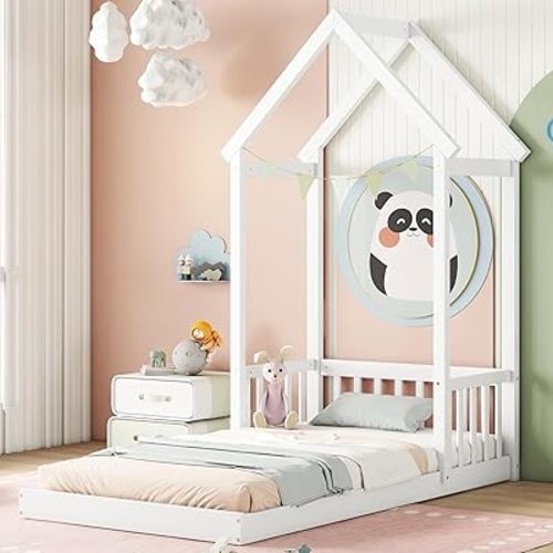 Ball & Cast Twin Size House-Shaped Floor Bed with Roof Headboard & Safety Railings,Montessori Style Low Profile Platform Bed,No Slats Needed,White
