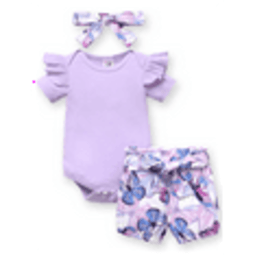 PatPat Baby Girl Outfit Sets Butterfly Print Shorts and Purple Bodysuit Headband Gift for Baby Girl 0-3 Months