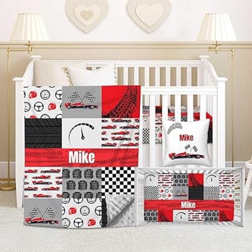 Custom Baby Crib Bedding Set, 3 Piece Personalized Name Race Car Baby Crib Sets for Boys, Minky Blanket, Fitted Sheet, Pillowcase, Soft Nursery Bedding Set for Newborn Infant Toddler Gifts
