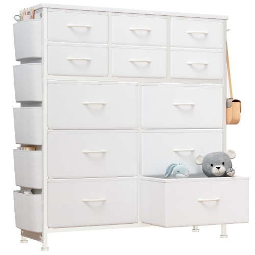 SESSLIFE Fabric Dresser for Bedroom, 12 Drawer Dresser with Side Pockets, Hooks, Modern Tall Closet Chest Organizer with Wood, Top Metal Frame for Living Room, Hallway, Entryway, Adults, White