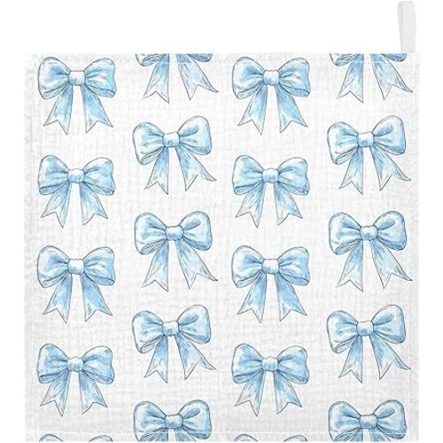 vvfelixl Baby Muslin Washcloths Light Blue Silk Bow Baby Burp Cloths Cotton Babys Face Towel for Newborn Infants Boys Girls Soft and Absorbent 11.8 X 11.8 in, 3 Pack