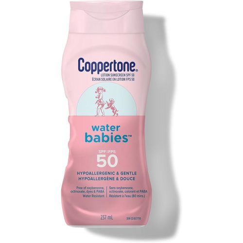 Coppertone WaterBabies Baby Sunscreen Lotion SPF 50, Hypoallergenic Sunscreen for Babies, Water Resistant, Pediatrician Recommended, 8 Fl Oz Bottle
