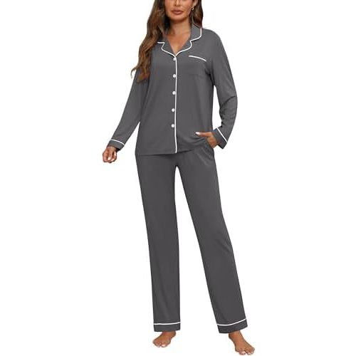 ZMJ Womens Pajamas Sets 2 Piece Long Sleeve and Pant Pj Sets Button Up Sleepwear