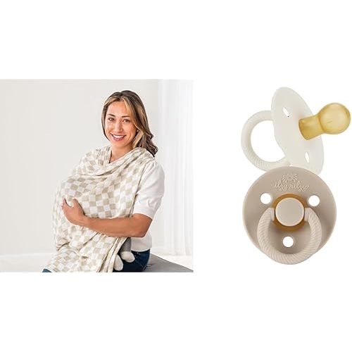 Itzy Ritzy 47" x 47" Breastfeeding Boss Multi-Use Cover, Swaddle & 2-Pack 0-6 Month Cherry Nipple Natural Rubber Pacifiers