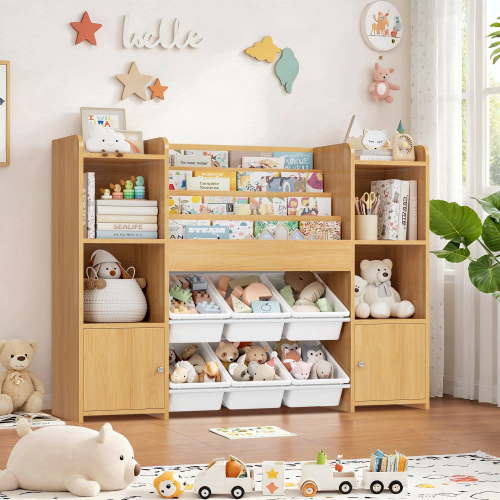 Hiphuta Kids Toy Storage Organizer, Wooden Toy Box with Bookshelf and 6 Removable Bins, White Finish