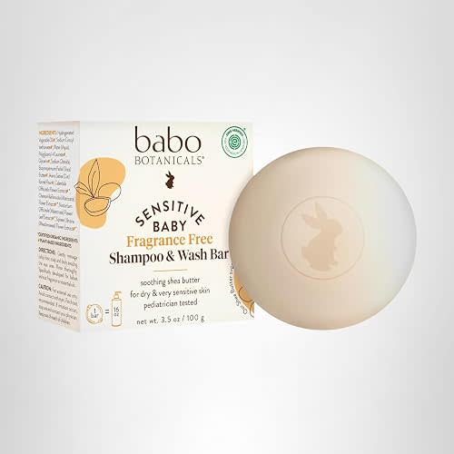 Babo Botanicals Sensitive Baby Fragrance-Free 2-in-1 Shampoo & Wash Bar - Shea Butter, Calendula & Aloe Vera - EWG Verified - Cruelty-Free - Vegan - Pediatrician Tested - For Babies & Kids