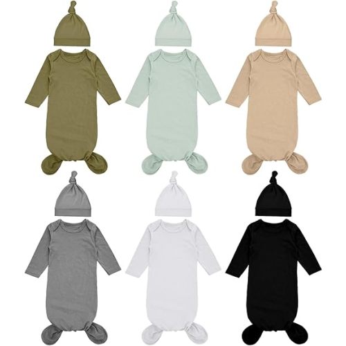 Cuffbow 6 Packs Newborn Baby Knotted Gowns Set 0-6 Months Cotton Sleeper Long Sleeve Nightgown Hat Set for Infant