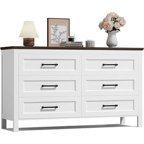 JUMMICO Dresser with 6 Drawers, Wooden Chest of Drawers for Bedroom, Closet Storage Organizer Cabinet for Living Room, Hallway, Closet (Brown&White)