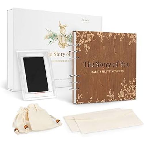 Wooden Keepsake Baby Memory Book Box Boys & Girls, First 5 Years Baby Milestone Book Gender Neutral Journal Memory Scrapbook, Baby Shower Keepsake Gift Set (Included Ink Pad/Keepsake Bags/Envelopes)