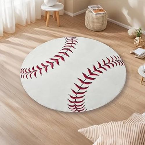 Round Baseball Rug–2.6ft Soft Washable Sport Area Rugs with Non Slip Backing,Carpet for Bedroom,Living Room and Soccer Room Decor
