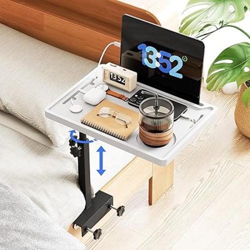 NiHome Height-Adjustable Bedside Shelf with Rotating Foldable Tray, Clip On Bed Side Tray Table, Overbed Table Fits Bed Frames 0.7"-2.7" Wide for Dorms, Apartments, Bedrooms, Dorm Essentials (White)