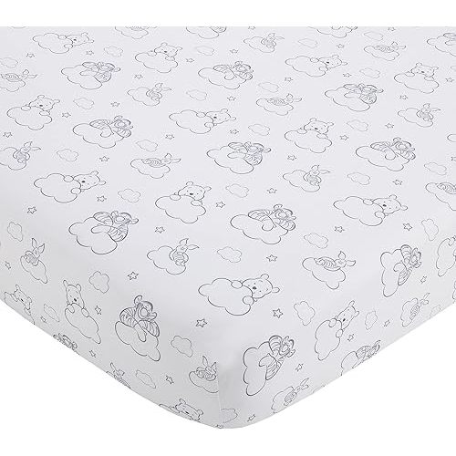 Disney Winnie The Pooh Hello Sunshine Grey & White Cloud Nursery Fitted Crib Sheet with Piglet & Tigger, Grey, White , 28x52 Inch (Pack of 1)