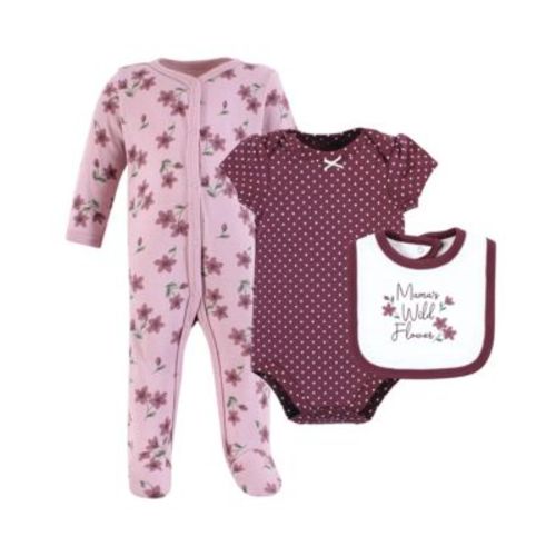 Baby Girls Hudson Cotton Sleep and Play, Bodysuit and Bandana Bib Set, Plum Wildflower, 0-3 Months