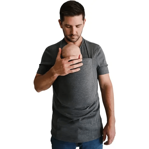 Lalabu Dad Shirt Baby Carrier | The Original Dad Baby Carrier Shirt That Looks Like a Tee | Designed to Help New Dads Bond | Comfortable & Easy to Use Mens Baby Carrier | Simpe Gray, M, Short Sleeve